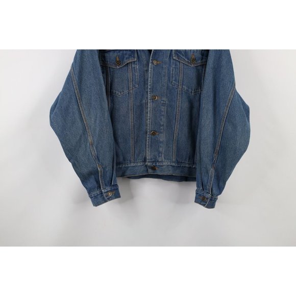 Vtg 90s Streetwear Mens Medium Distressed Leather Collar Denim Trucker Jacket - Picture 3 of 12
